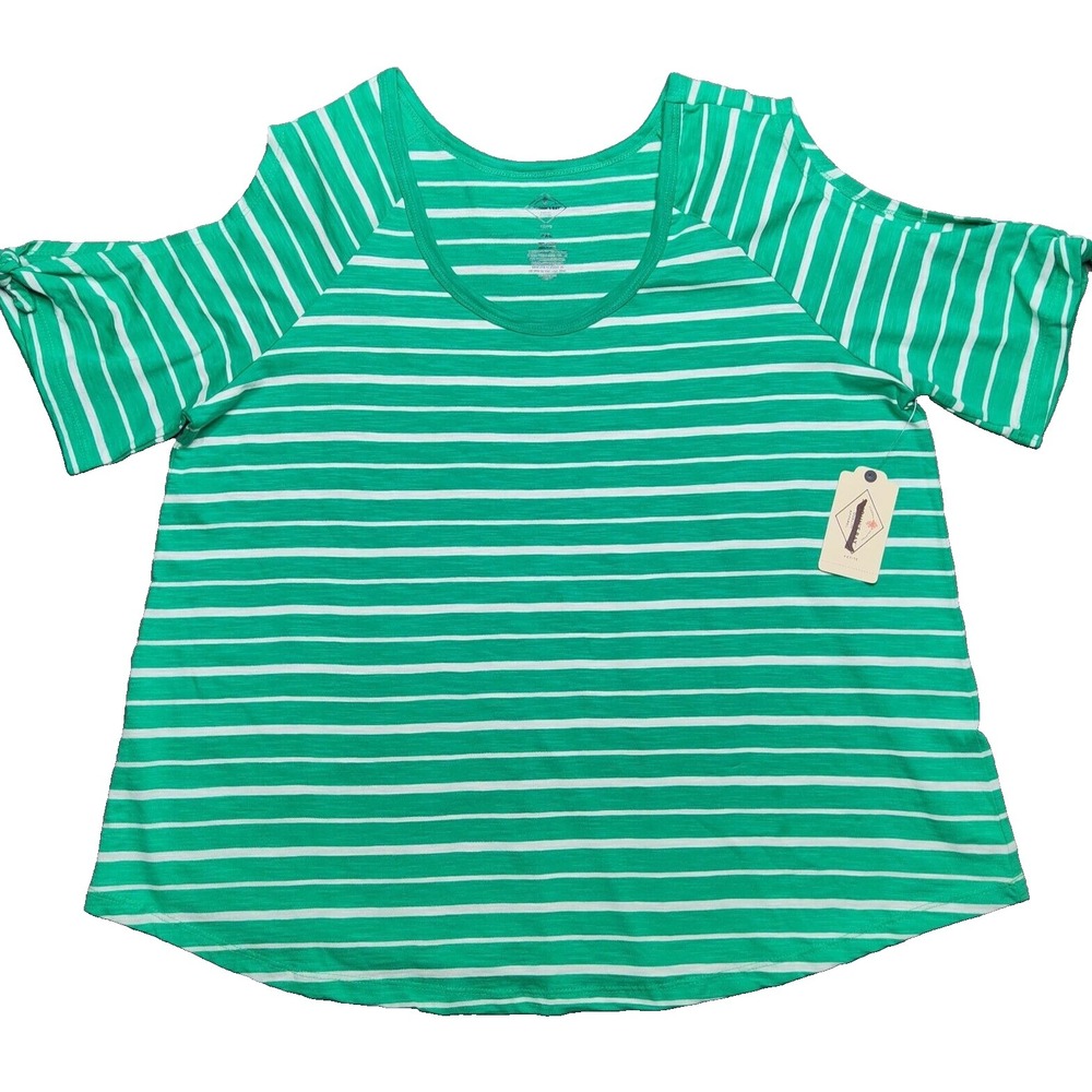 St Johns Bay Women Petite XL PXL Green Stripe Open Shoulder Top NEW